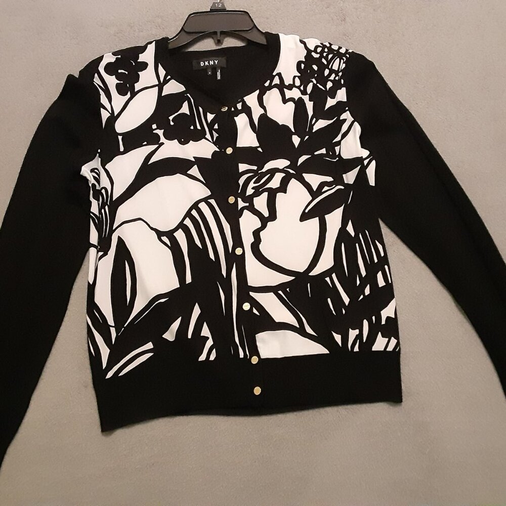 Donna Karen Button Down Long Sleeve Black & Cream Cardigan Women’s Size M - Picture 7 of 7